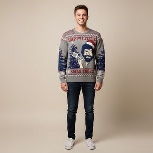 Bob Ross Happy Little Xmas Trees Ugly Christmas Sweater Men's Sz L Comfy Graphic